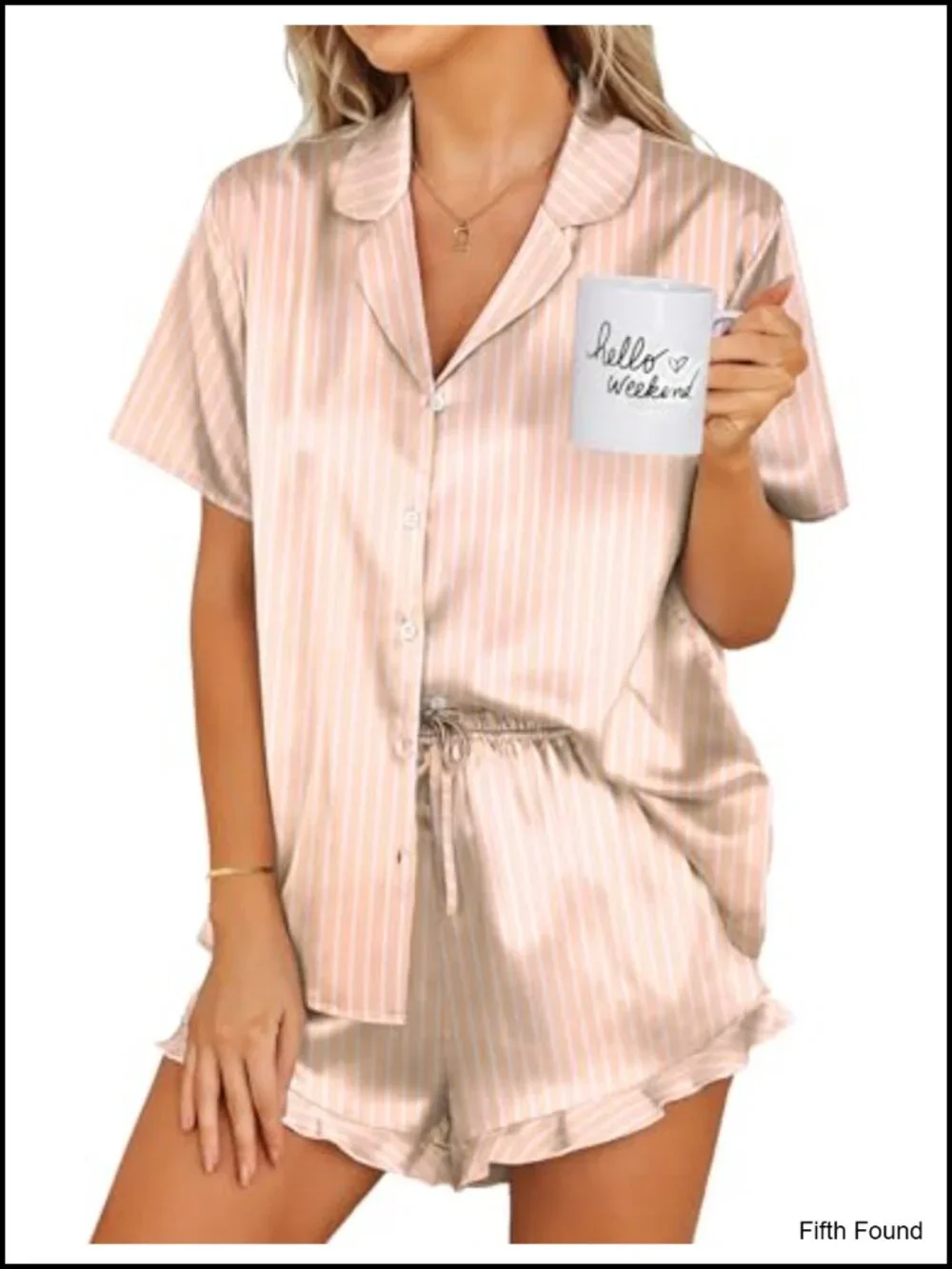 Satin Pajama Set Button Down 2 Piece Silk Pjs Shorts Ruffle Notch Collar